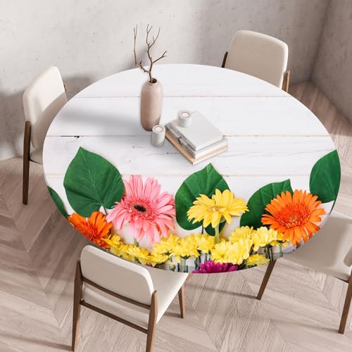 Runde Tischdecke mit elastischen Rändern Holzstruktur Rosen Blumen Muster Tischbezug Wasserdicht Ölbeständig Wiederverwendbare Tablecloth Moderne Dekoration für Picknick Bistro Garten (Farbe 3,60 cm) von RUILBJ