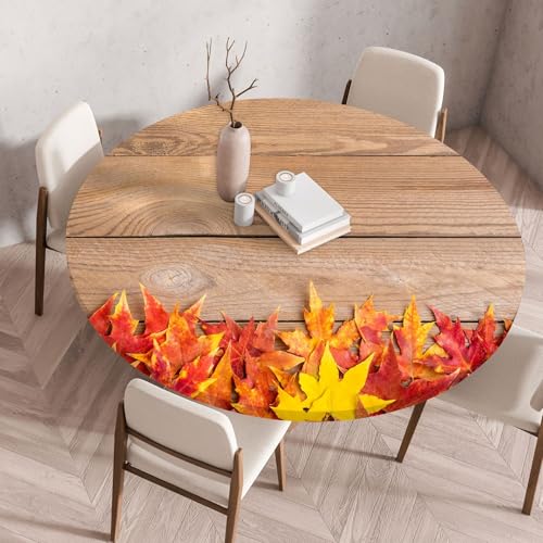 Runde Tischdecke mit elastischen Rändern Holzstruktur Rosen Blumen Muster Tischbezug Wasserdicht Ölbeständig Wiederverwendbare Tablecloth Moderne Dekoration für Picknick Bistro Garten (Farbe 4,60 cm) von RUILBJ