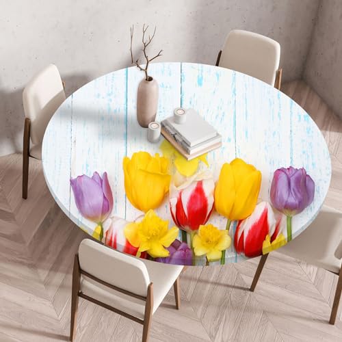 Runde Tischdecke mit elastischen Rändern Holzstruktur Rosen Blumen Muster Tischbezug Wasserdicht Ölbeständig Wiederverwendbare Tablecloth Moderne Dekoration für Picknick Bistro Garten (Farbe 7,60 cm) von RUILBJ