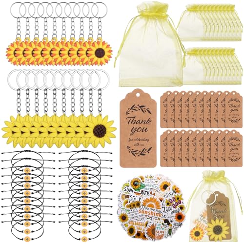 130 Stück Sonnenblumen-Partygeschenke, inklusive Sonnenblumen-Schlüsselanhänger, verstellbare Sonnenblumen-Armbänder, Sonnenblumen-Aufkleber, Dankeschön, Kraftanhänger, Organza-Beutel für Geburtstag, von RUIYELE