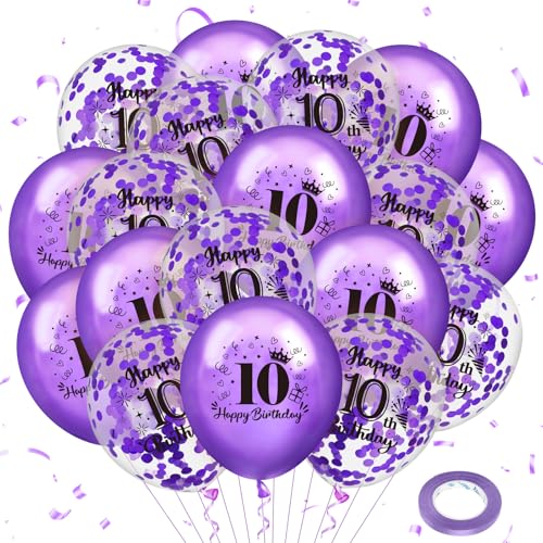 10. Geburtstag Luftballons, 18 Stück lila 10. Geburtstag Ballons, lila 10. Geburtstag Party Dekorationen Konfetti Latex Luftballons für Mädchen 10. Geburtstag Jahrestag Dekoration von RUMIA