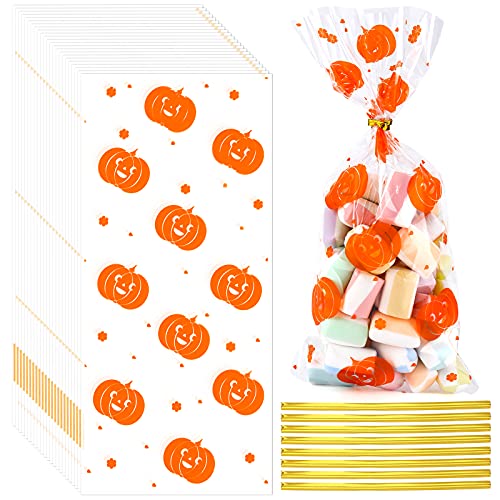 120 Stücke Halloween Cellophan Taschen Kürbis Kunststoff Treat Taschen Fall Goodie Taschen Snack Taschen Geschenktaschen mit Gold Twist Krawatte für Halloween Herbst Thanksgiving Herbst Party Supplies von RUMIA