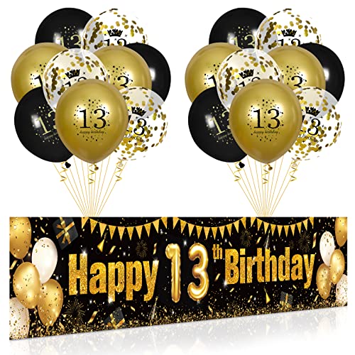 13. Geburtstag Party Deko für Junge Mädchen Schwarz Gold, Luftballons 13. Geburtstag Banner Schwarzes Gold und 18 PCS 13. Happy Birthday Konfetti Ballons für Deko Jubiläum Geburtstagsparty Dekoration von RUMIA