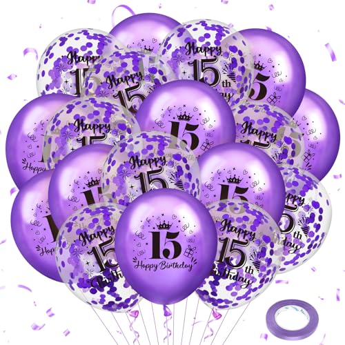 15. Geburtstag Luftballons, 18 Stück lila 15. Geburtstag Ballons, lila 15. Geburtstag Party Dekorationen Konfetti Latex Luftballons für Mädchen 15. Geburtstag Jahrestag Dekoration von RUMIA