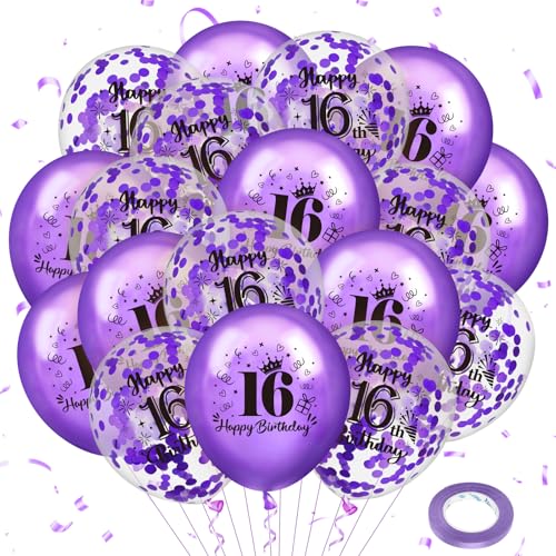 16. Geburtstag Luftballons, 18 Stück lila 16. Geburtstag Ballons, lila 16. Geburtstag Party Dekorationen Konfetti Latex Luftballons für Mädchen 16. Geburtstag Jahrestag Dekoration von RUMIA