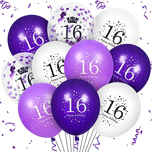 16th lila Geburtstag Ballons Dekorationen, 16 PCS lila weiße Konfetti Latex Ballons für Frauen Männer Happy Birthday Party Hochzeitstag Indoor Outdoor Party Supplies, 12 Zoll (16th) von RUMIA