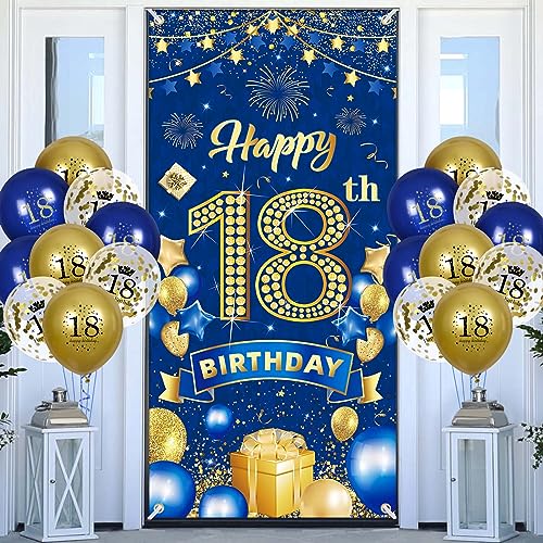 18.Geburtstagsdeko Navy Blau Gold Banner mit Luftballon,18.Geburtstag Dekoration für 18 Jahre Jungen Mädchen 18th Birthday Geburtstags Türbanner 18 Latex Konfetti Ballon Jubiläum Geburtstag Party Deko von RUMIA