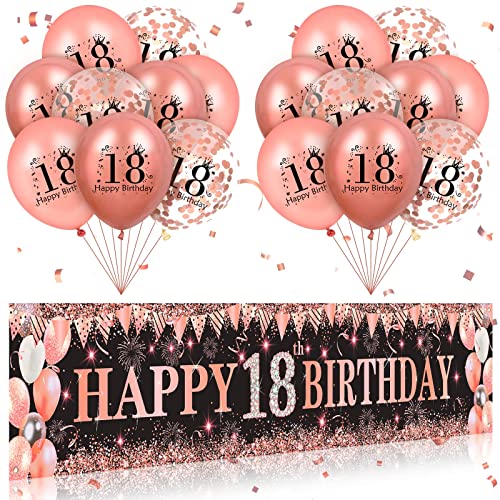 18th Geburtstag Dekorationen für Mädchen, Black Rose Gold Happy 18th Geburtstag Yard Banner und 18PCS Rose Gold 18th Geburtstag Ballons für Mädchen Frauen 18 Jahre alte Party Supplies von RUMIA