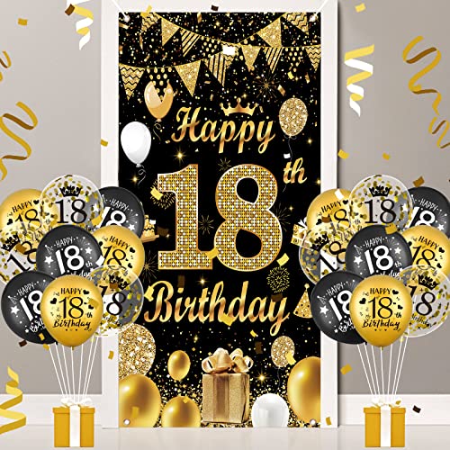 18th Geburtstag Party Dekorationen für Jungen und Mädchen Schwarz Gold Happy 18th Geburtstag Türabdeckung Banner mit 18pcs 18th Geburtstag Schwarz und Gold Ballons für 18th Geburtstag Party Supplies von RUMIA