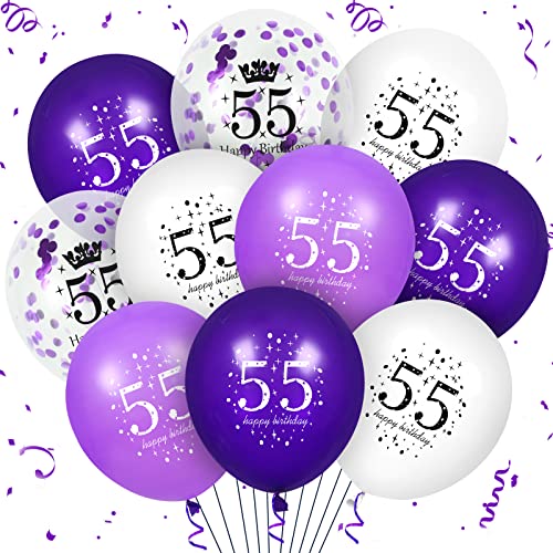 55th Geburtstag Ballons Dekorationen, 16PCS lila weiß alles Gute zum 55. Geburtstag Konfetti Latex-Ballons für Frauen Männer 55. Geburtstag Party Hochzeit Jahrestag Party Supplies, 12 Zoll von RUMIA