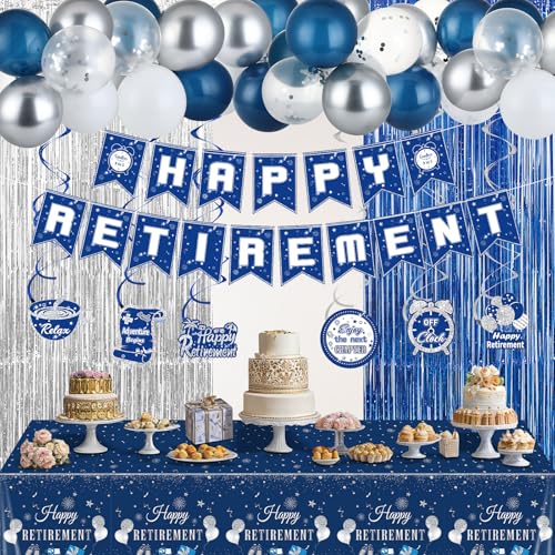 56 Stück Blau Silber Ruhestand Dekorationen für Männer Frauen Blau Silber Happy Retirement Banner Luftballons Wirbel Tischdecke und Fransenvorhang für Ruhestand Party Dekoration Supplies von RUMIA