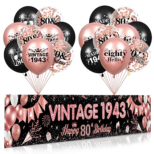 RUMIA 80 Geburtstag Dekorationen für Frauen Roségold Alles Gute zum 80. Geburtstagsbanner 18 Stück Luftballons zum 80. Geburtstag Vintage 1943 Yard Banner für Partyzubehör zum 80. Geburtstag von RUMIA