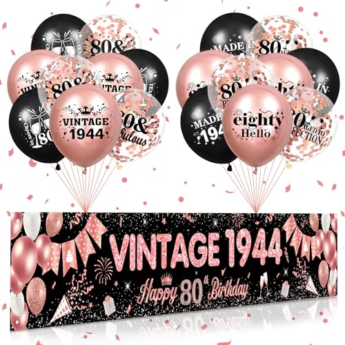 80 Geburtstag Dekorationen für Frauen Roségold Alles Gute zum 80. Geburtstagsbanner 18 Stück Luftballons zum 80. Geburtstag Vintage 1944 Yard Banner für Partyzubehör zum 80. Geburtstag von RUMIA