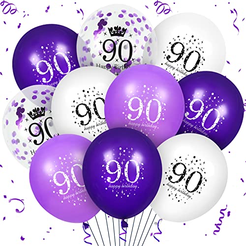 90th lila Geburtstag Ballons Dekorationen, 16PCS lila weiß Happy 90th Geburtstag Konfetti Latex Ballons für Frauen Männer Happy Birthday Party Hochzeitstag Indoor Outdoor Party Supplies, 12 Zoll von RUMIA