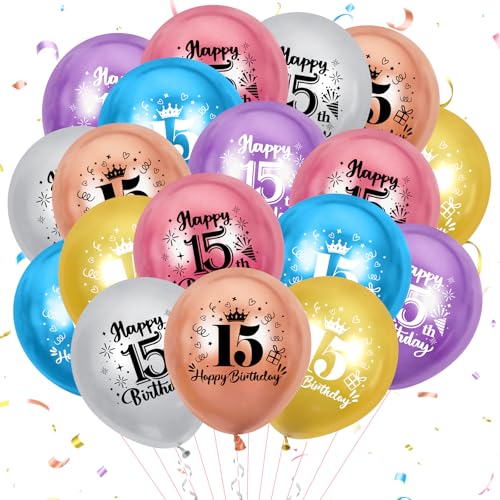 Bunte Luftballons zum 15. Geburtstag, 18 Stück, Partydekorationen zum 15. Geburtstag für Männer und Frauen, 12 Zoll große Konfetti-Luftballons zum 15. Geburtstag für Partyzubehör zum 15. Geburtstag von RUMIA