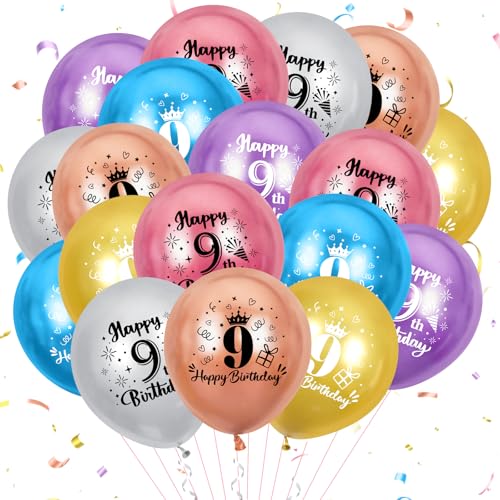 Bunte Luftballons zum 9. Geburtstag, 18 Stück, Partydekorationen zum 9. Geburtstag für Jungen und Mädchen, 12 Zoll große Konfetti-Luftballons zum 9. Geburtstag für Partyzubehör zum 9. Geburtstag von RUMIA