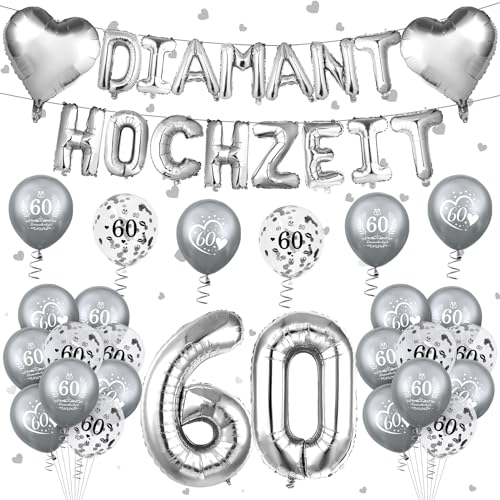 Diamantene Hochzeit Deko 60. Diamant Hochzeit Luftballons Hochzeitstag Dekoration Silber 60. Jahrestag Luftballons Deko 24 Stück 60. Silberweiße Silber Latex Konfetti Ballons für Außen Jubiläum Party von RUMIA