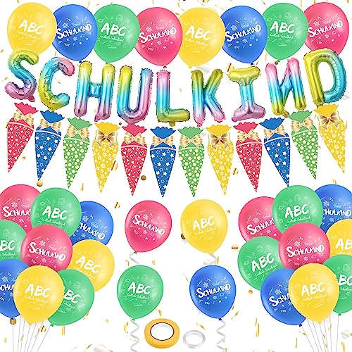 45 Stück Einschulung Deko für Jungen Mädchen Farbe Schulkind Schulanfang Deko Set Schuleinführung Deko mit SHULKIND Folienballons Zuckertüte Girlande Banner Schulanfang Luftballons von RUMIA