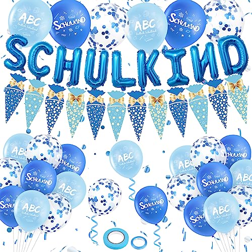 45 Stück Einschulung Deko für Junge Blau Schulkind Schulanfang Deko Set Schuleinführung Deko mit SHULKIND Folienballons Zuckertüte Girlande Banner Schulanfang Luftballons von RUMIA