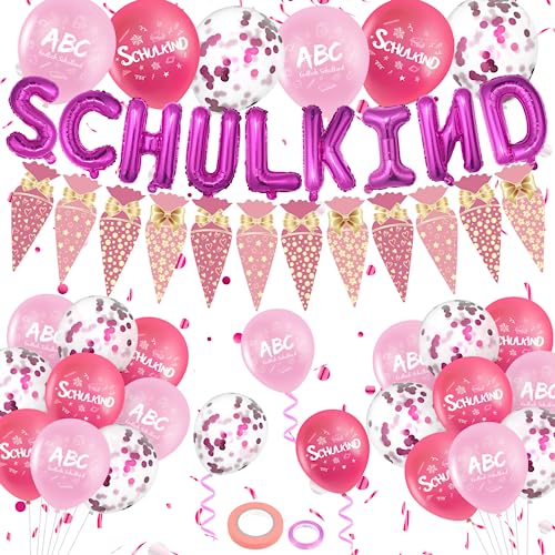 45 Stück Einschulung Deko für Mädchen Rosa Schulkind Schulanfang Deko Set Schuleinführung Deko mit SHULKIND Folienballons Zuckertüte Girlande Banner Schulanfang Luftballons von RUMIA