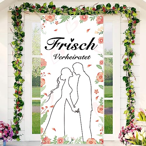 Frisch Verheiratet Tür Banner für Hochzeit Deko Frisch Verheiratet Banner Poster Just Married Schild Blumen Blätter Hochzeit Hintergrund Elegant Hochzeitszeremonie Dekoration für Garten(185 * 90cm) von RUMIA