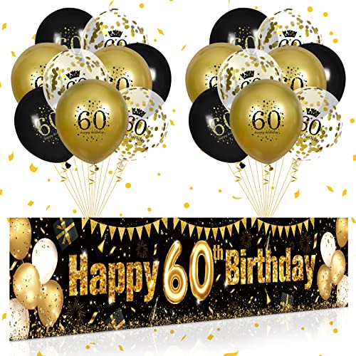 60. Geburtstag Party Deko für Mann Fraue Schwarzes Gold, Luftballons 60. Geburtstag Schwarz Gold Banner und 18 PCS 60. Happy Birthday Konfetti Ballons für Deko 60 Jubiläum Geburtstagsparty Dekoration von RUMIA