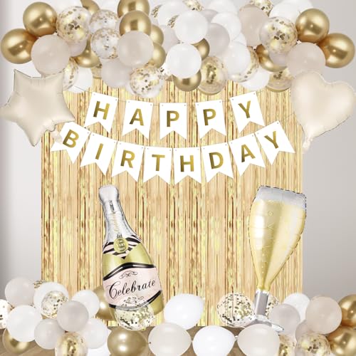 Geburtstagsdeko Beige Gold Weiß Mädchen Frauen Luftballons mit Happy Birthday Banner Girlande Konfetti Latex Ballons Folienballon,Geburtstag Deko für Jungen Männer Kinder Geburtstag Party Dekoration von RUMIA