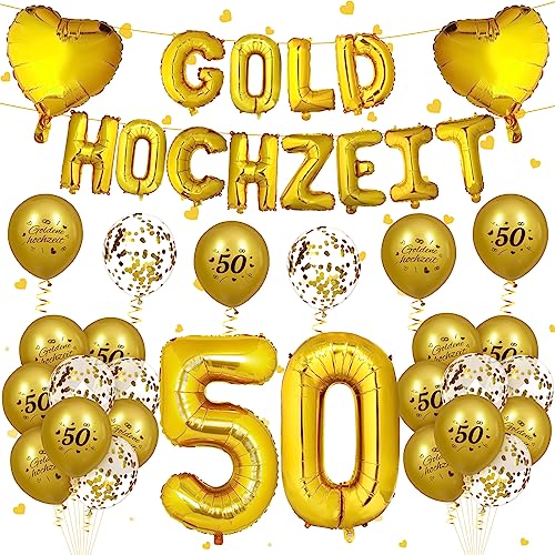 Goldene Hochzeit Luftballons Dekoration Gold 50. Jahrestag Luftballons Deko 24 Stück 50. Goldene Hochzeit Hochzeitstag Gold Zahl Foil Latex Konfetti Ballons für Innen Außen Jubiläum Party Dekoration von RUMIA