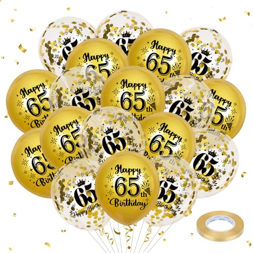 Goldene Luftballons zum 65. Geburtstag, 18 Stück, Partydekorationen zum 65. Geburtstag für Männer und Frauen, 12 Zoll große Konfetti-Luftballons zum 65. Geburtstag für Partyzubehör zum 65. Geburtstag von RUMIA