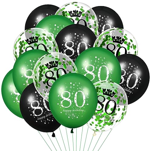 Luftballoon 80. Geburtstag Deko,15Stück Grün Schwarz Latex Luftballons, Happy Birthday Grün Latex Konfetti Folienballon 80. Jahrestag Party Dekoration Herren Damen Frau für Geburtstag Dekorationen von RUMIA