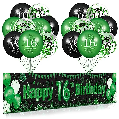 Grüner 16. Geburtstag Dekorationen für Jungen Mädchen Grün Schwarz 18Pcs 16. Geburtstag Luftballons und glückliche 16. Geburtstag Hof Banner für Kinder zum 16. Geburtstag Jahrestag Party Supplies von RUMIA