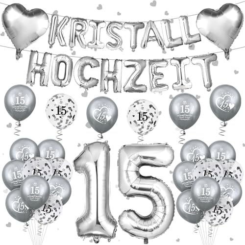 Kristall Hochzeit Deko 15. Kristallhochzeit Luftballons Hochzeitstag Dekoration Silber 15. Zahl Foil Jahrestag Luftballons Deko 24 Stück 15. Latex Konfetti Ballons für Außen Kristall Jubiläum Party von RUMIA