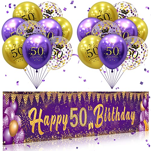 Lila 50th Geburtstag Dekorationen, lila Gold Happy 50th Geburtstag Yard Banner Lila 50th Geburtstag Ballons für Frauen Männer 50th Geburtstag Jubiläum Party Dekorationen Zubehör von RUMIA