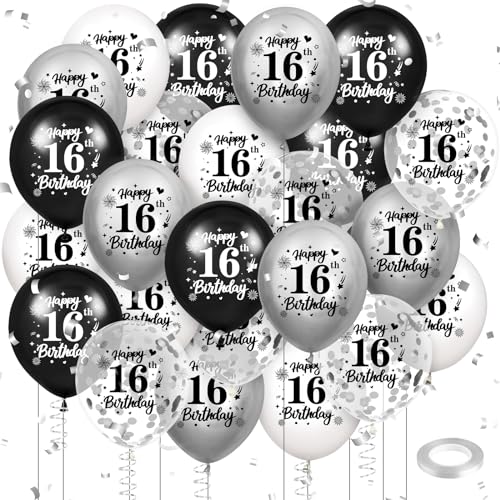Luftballon 16. Geburtstag Deko 24 Stück Schwarz Silber Weiß Ballons-16 Jahre Geburtstagsdeko Birthday Deko Latex Konfetti Ballon für Kinder Jungen Mädchen 16. Jubiläum Geburtstag Party Dekoration von RUMIA