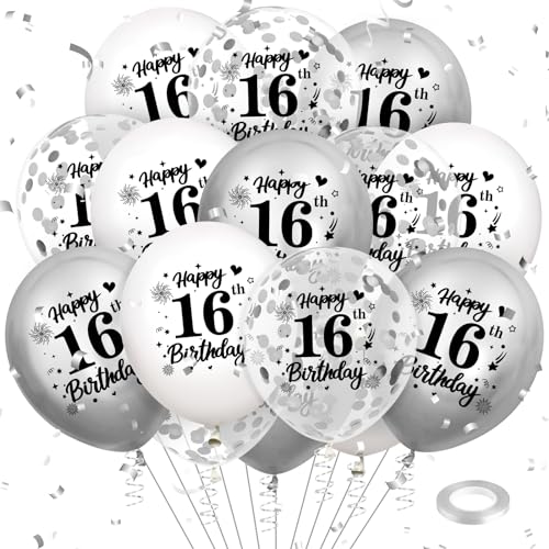 Luftballon 16. Geburtstag Deko 24 Stück Silber Weiß Ballons-16 Jahre Geburtstagsdeko Birthday Deko Latex Konfetti Ballon für Kinder Jungen Mädchen 16. Jubiläum Geburtstag Party Dekoration 12Zoll von RUMIA