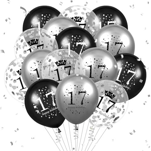 Luftballon 17. Geburtstag Deko 15 Stück Schwarz Silber Ballons-17 Jahre Geburtstagsdeko Birthday Deko Latex Konfetti Ballon für Kinder Jungen Mädchen 17. Jubiläum Geburtstag Party Dekoration 12Zoll von RUMIA