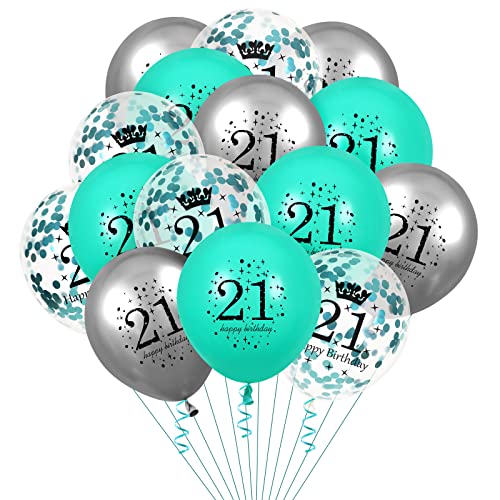 Luftballon 21. Geburtstag Deko,15 Stück Teal Blau Silber Latex Luftballons, Happy Birthday Teal Konfetti Folienballon 21. Jahrestag Party Dekoration Herren Damen Frau für Geburtstag Dekorationen von RUMIA