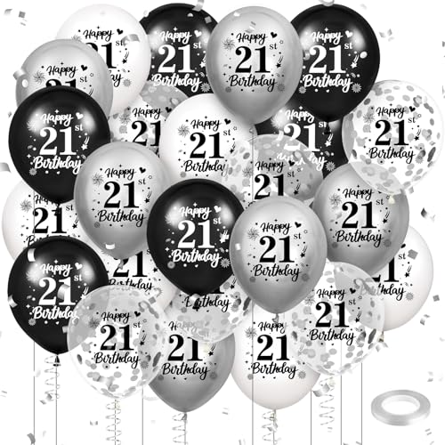 Luftballon 21. Geburtstag Deko 24 Stück Schwarz Weiß Silber Ballons - 21 Jahre Geburtstagsdeko Happy Birthday Deko Latex Konfetti Ballon für Männer Frauen 21. Jubiläum Geburtstag Party Dekoration von RUMIA