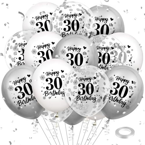 Luftballon 30. Geburtstag Deko 18 Stück Weiß Silber Ballons - 30 Jahre Geburtstagsdeko Happy Birthday Deko Latex Konfetti Ballon für Männer Frauen 30. Jubiläum Geburtstag Party Dekoration 12Zoll von RUMIA