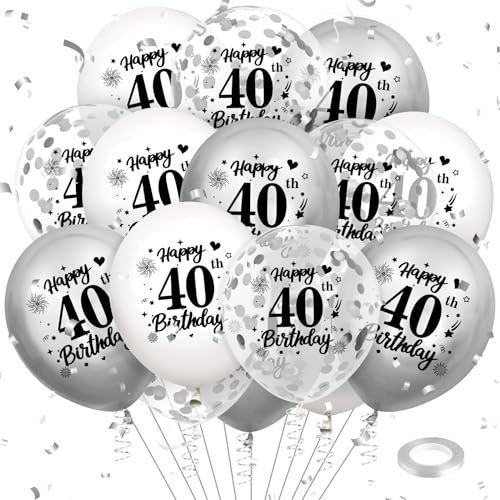 Luftballon 40. Geburtstag Deko 18 Stück Weiß Silber Ballons - 40 Jahre Geburtstagsdeko Happy Birthday Deko Latex Konfetti Ballon für Männer Frauen 40. Jubiläum Geburtstag Party Dekoration 12Zoll von RUMIA