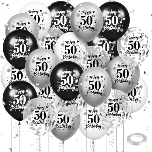 Luftballon 50. Geburtstag Deko 24 Stück Schwarz Weiß Silber Ballons - 50 Jahre Geburtstagsdeko Happy Birthday Deko Latex Konfetti Ballon für Männer Frauen 50. Jubiläum Geburtstag Party Dekoration von RUMIA