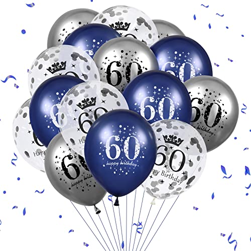 RUMIA Luftballon zum 60. Geburtstag, Dekoration, 15 Stück, Marineblau, Silber, Latex-Luftballons, alles Gute zum Geburtstag, blauer Konfetti-Folienballon, 60. Jahrestag, Party-Dekoration, Männer, Mann von RUMIA