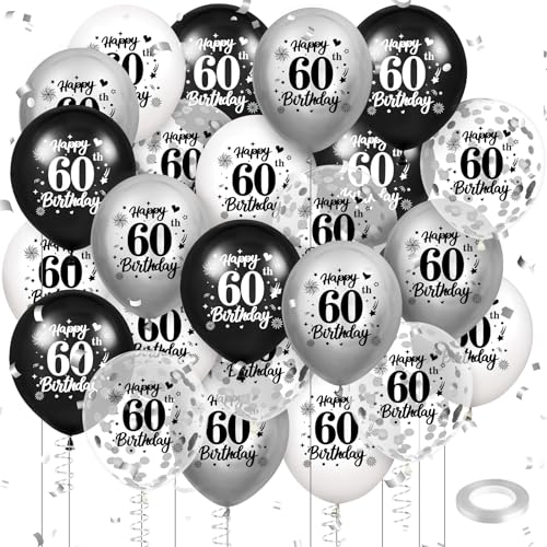 Luftballon 60. Geburtstag Deko 24 Stück Schwarz Weiß Silber Ballons - 60 Jahre Geburtstagsdeko Happy Birthday Deko Latex Konfetti Ballon für Männer Frauen 60. Jubiläum Geburtstag Party Dekoration von RUMIA