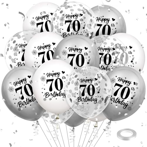 Luftballon 70. Geburtstag Deko 18 Stück Weiß Silber Ballons - 70 Jahre Geburtstagsdeko Happy Birthday Deko Latex Konfetti Ballon für Männer Frauen 70. Jubiläum Geburtstag Party Dekoration 12Zoll von RUMIA