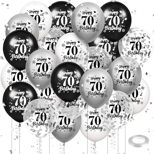 Luftballon 70. Geburtstag Deko 24 Stück Schwarz Weiß Silber Ballons - 70 Jahre Geburtstagsdeko Happy Birthday Deko Latex Konfetti Ballon für Männer Frauen 70. Jubiläum Geburtstag Party Dekoration von RUMIA