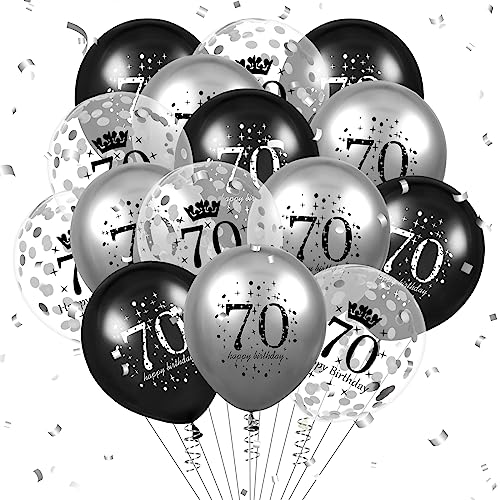 Luftballon 70. Geburtstag Deko 15 Stück Schwarz Silber Ballons - 70 Jahre Geburtstagsdeko Happy Birthday Deko Latex Konfetti Ballon für Männer Frauen 70. Jubiläum Geburtstag Party Dekoration 12Zoll von RUMIA