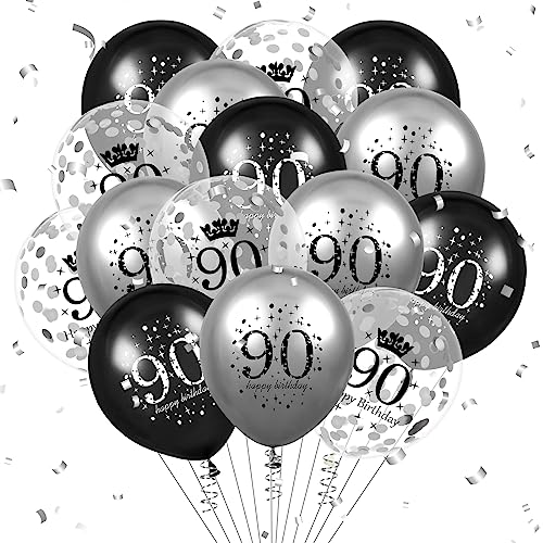 Luftballon 90. Geburtstag Deko 15 Stück Schwarz Silber Ballons - 90 Jahre Geburtstagsdeko Happy Birthday Deko Latex Konfetti Ballon für Männer Frauen 90. Jubiläum Geburtstag Party Dekoration 12Zoll von RUMIA