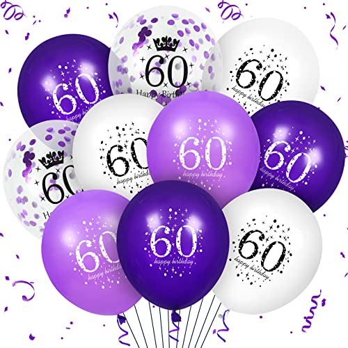 60. Lila Geburtstag Luftballons Dekorationen, 16 Stück Lila Weiß Konfetti Latex Luftballons für Frauen Männer Happy Birthday Party Hochzeitstag Indoor Outdoor Partyzubehör, 30,5 cm (60.) von RUMIA