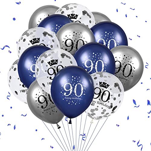 Luftballoon 90 Geburtstag Deko,15 Stück Marineblau Silber Latex Luftballons Happy Birthday Ballon Blau Konfetti 90. Geburtstag Jahrestag Party Dekoration Herren Frau für Geburtstagsdeko Dekorationen von RUMIA