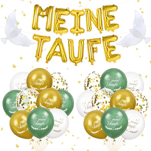 Meine Taufe Deko Jungen Mädchen,Gold Meine Taufe Girlande Ballon Banner und 18 Stück Gold Weiß Meine Taufe Luftballons, 2 Stück Tauben Folienballons für Jungen Mädchen Taufe Kommunion Deko von RUMIA